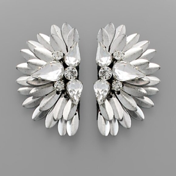 Silver Beaded Crystal Geometric Semicircle Fan Statement Earrings - Picture 1 of 7